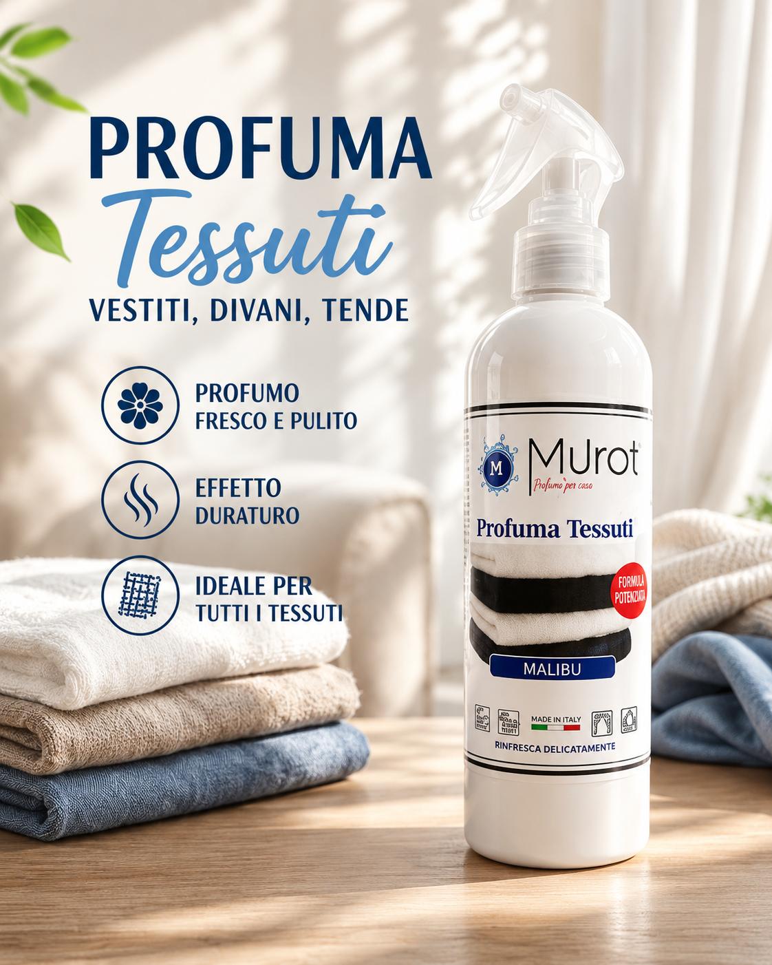 Murot Spray Profumato per Tessuti Malibu Freschezza per Vestiti Tende Divani e Lenzuola Applicazione Semplice e Pratica